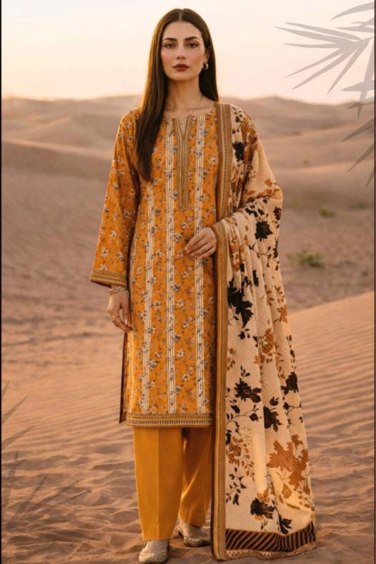 3 Pieces - Janan Unstitched Mustard Printed Lawn Suit