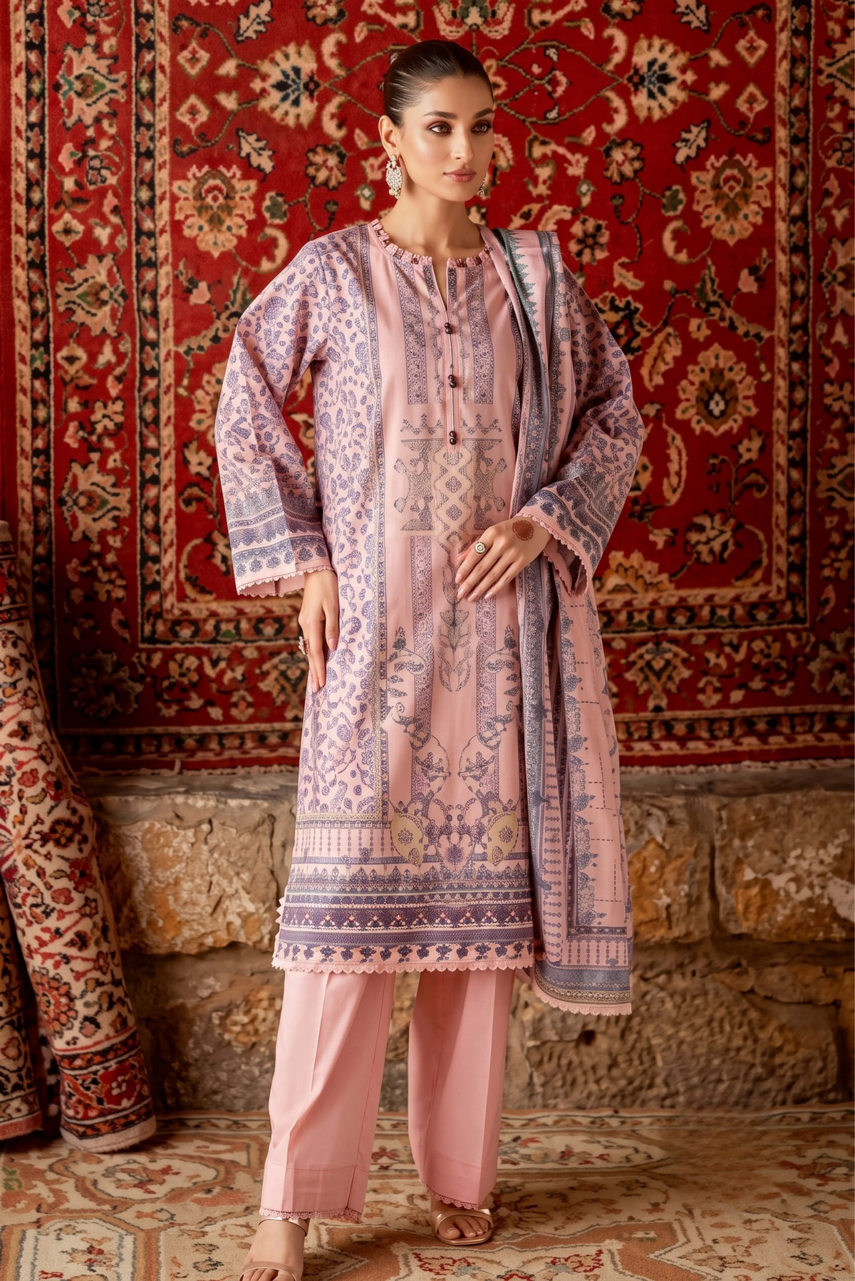 3 Pieces - GulAhmad Unstitched Pink Ladies  Printed Lawn Suit