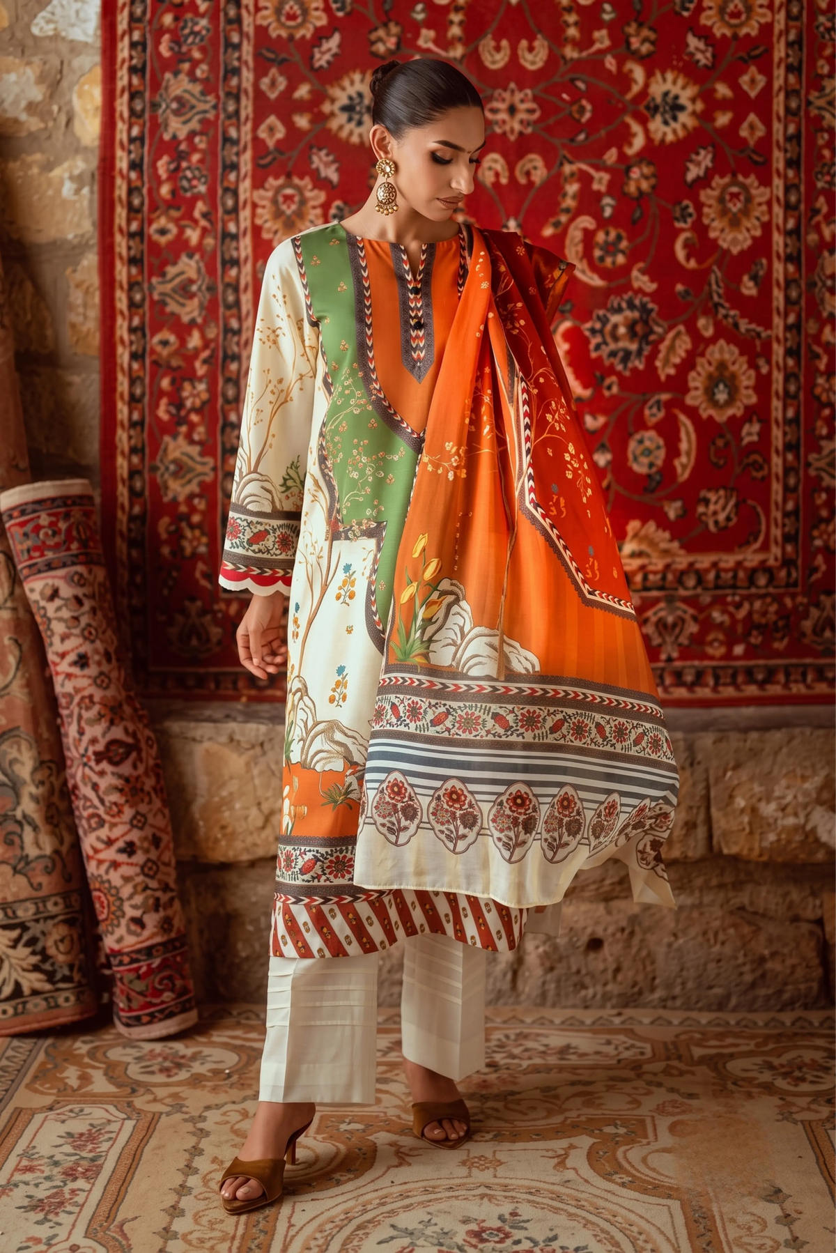 3 Pieces - GulAhmad Unstitched Orange  Printed Lawn Suit