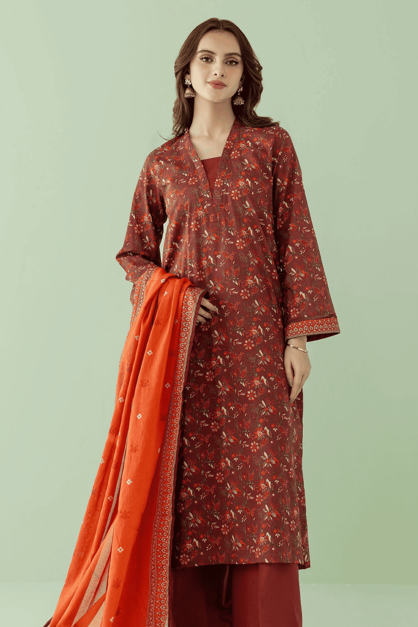 3 Pieces - Orient Unstitched Dark Red Printed Lawn Suit