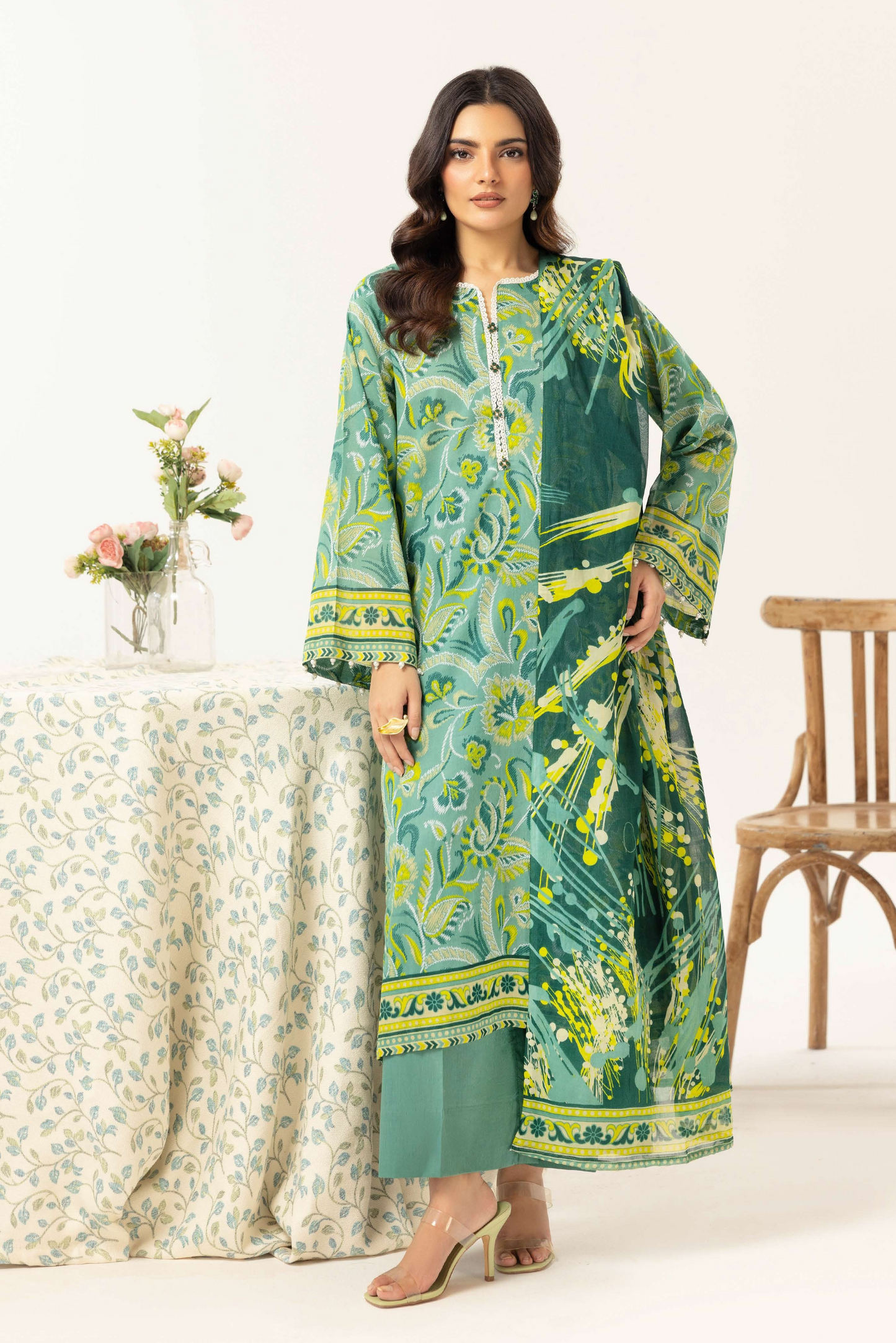 3 Pieces - Haya By Legends Unstitched Pale Green Printed Lawn Suit