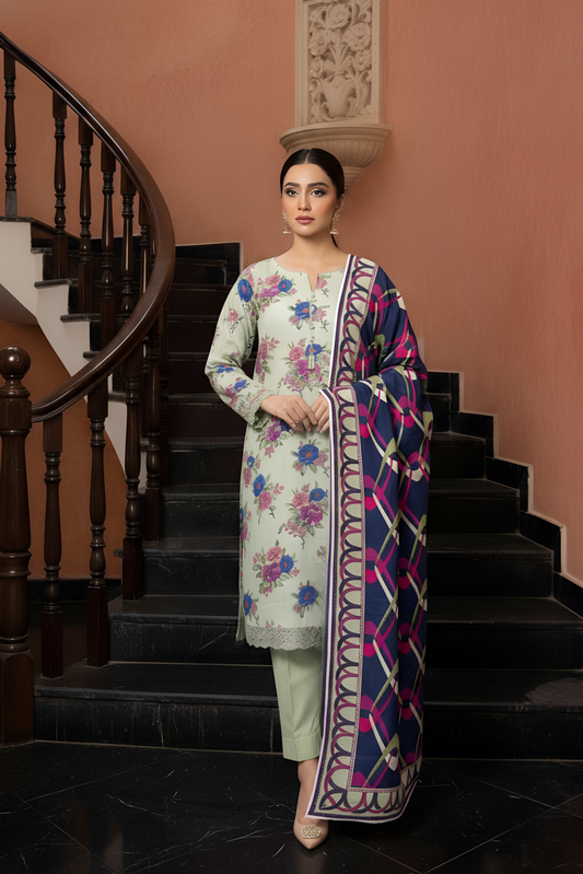 3 Pieces - Marooj Unstitched Pista Printed Khaddar Suit