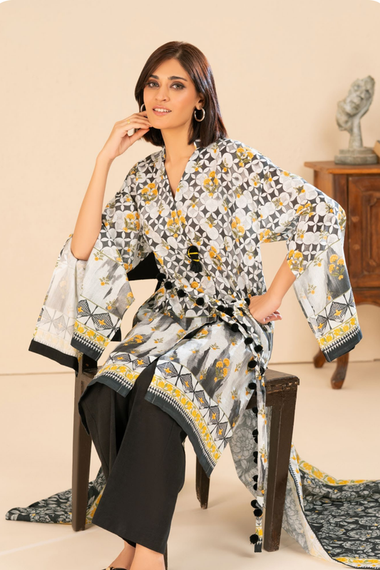 3 Pieces - GulAhmed Unstitched Black&White Printed Khaddar Suit