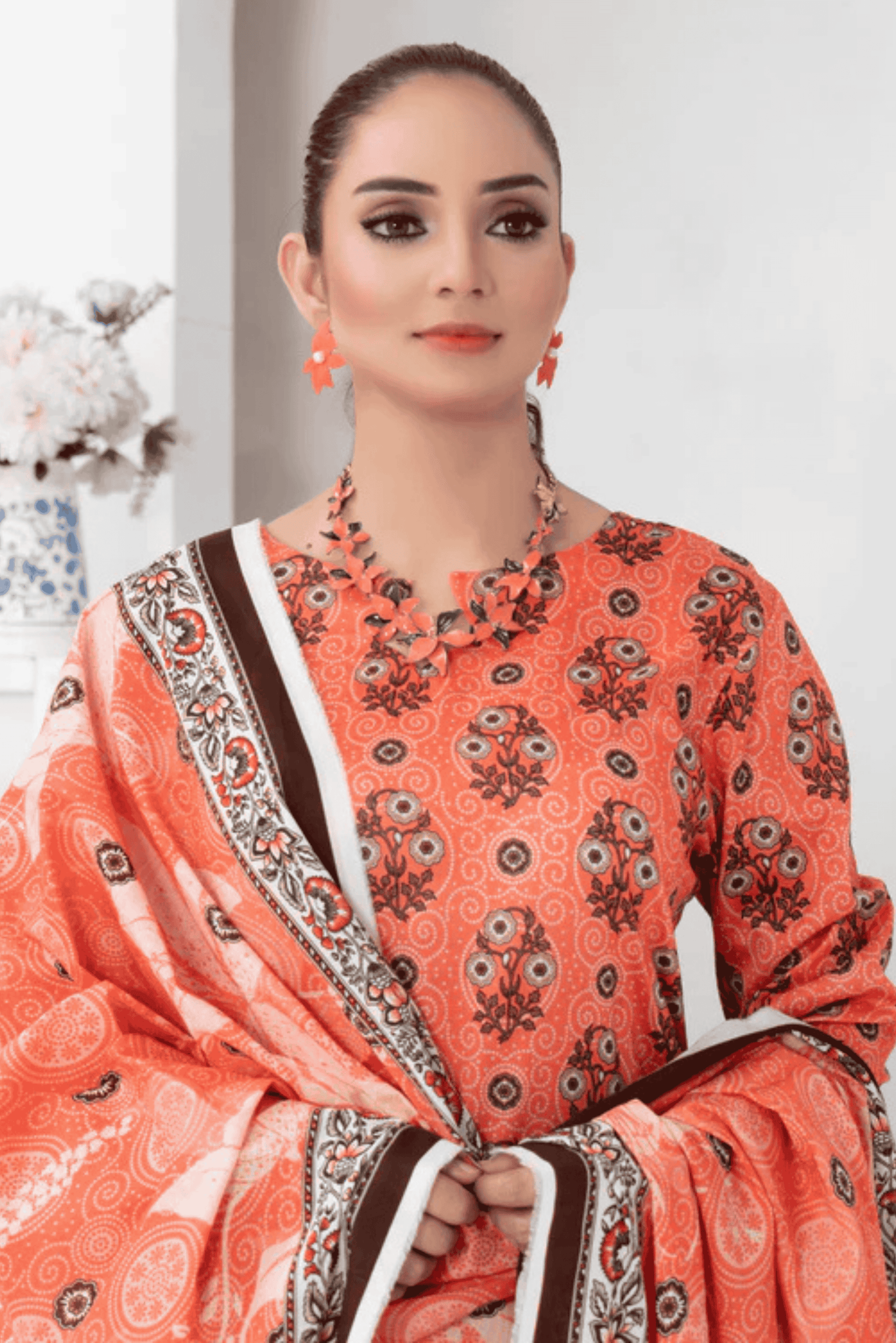 3 Piece - Mahi Unstitched Orange Ladies Print Lawn Suit