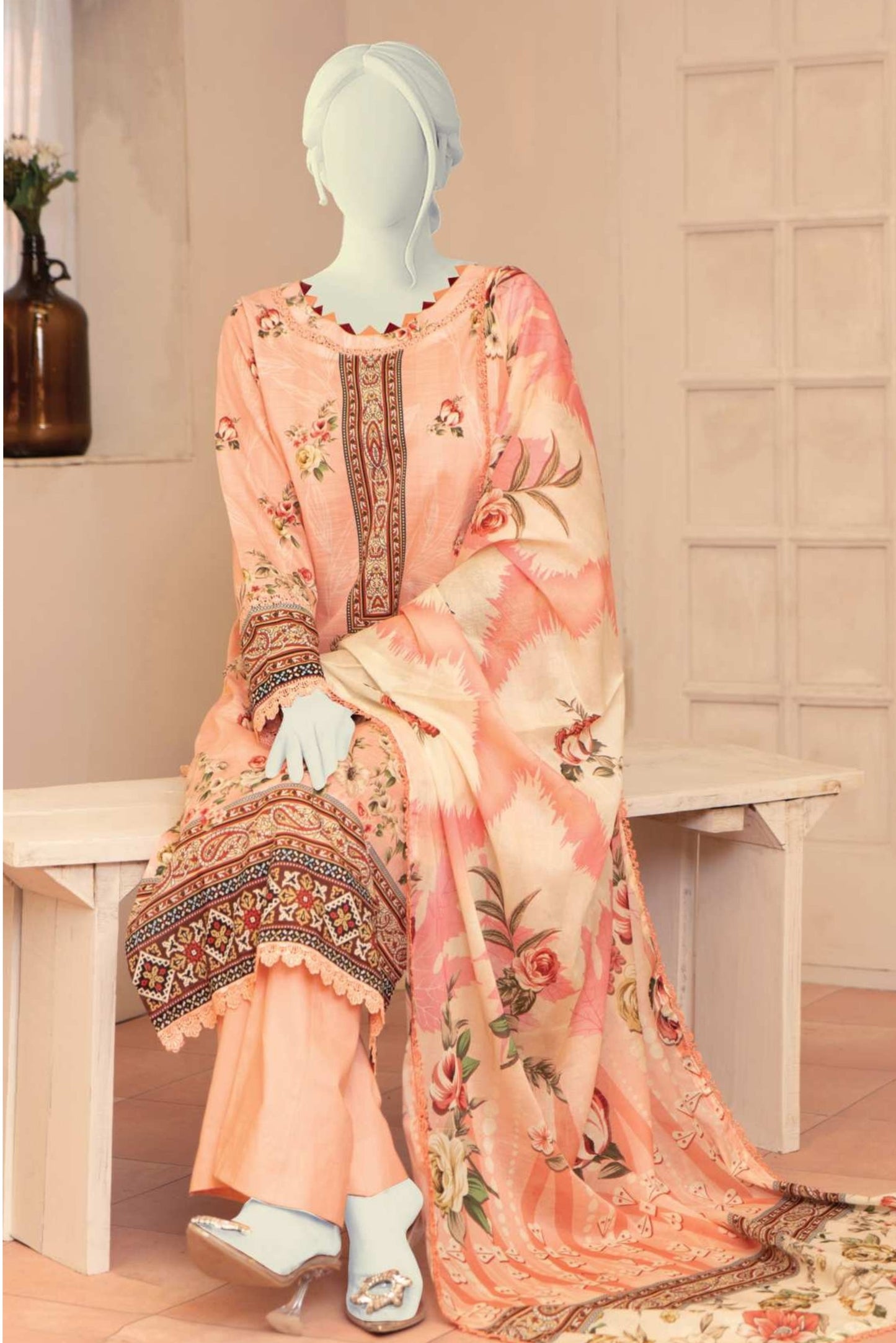 3 Pieces - Murashee Unstitched Peach Printed Lawn Suit