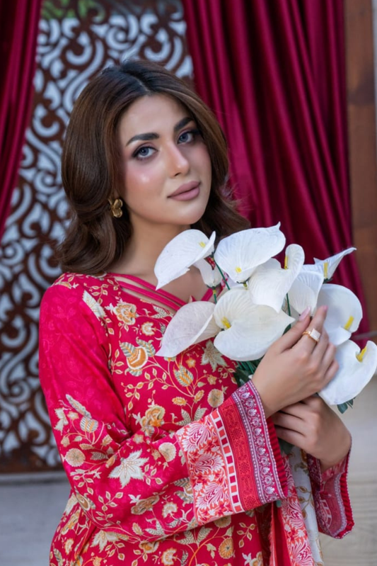 3 Pieces - Marooj Gold Unstitched Red Print Lawn Suit