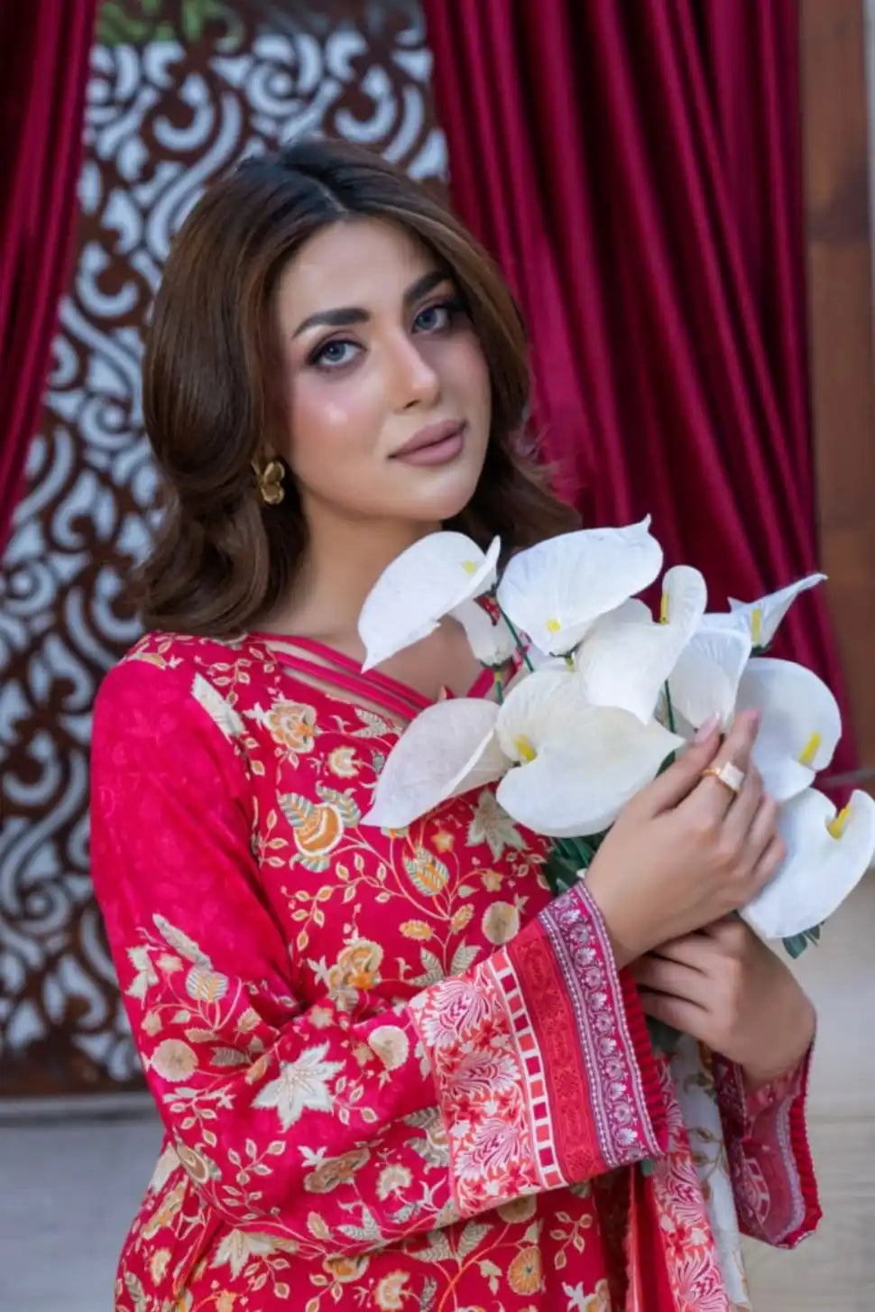 3 Pieces - Marooj Gold Unstitched Red Print Lawn Suit