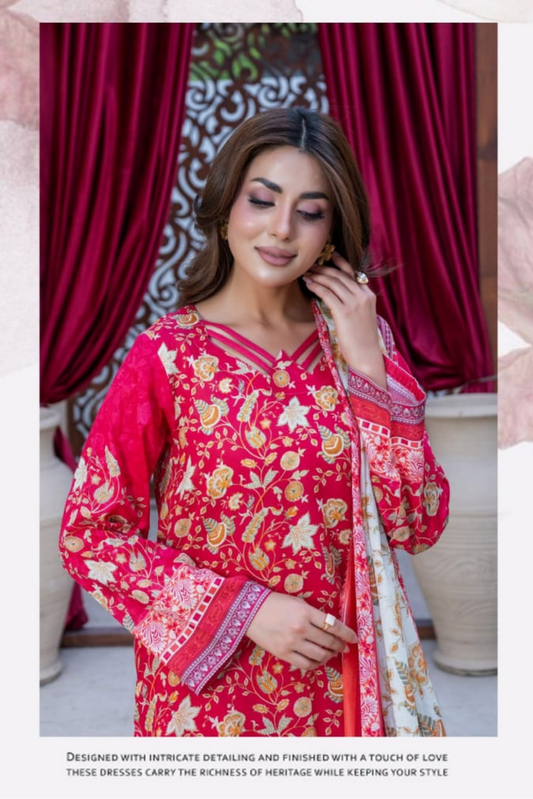 3 Pieces - Marooj Gold Unstitched Red Print Lawn Suit