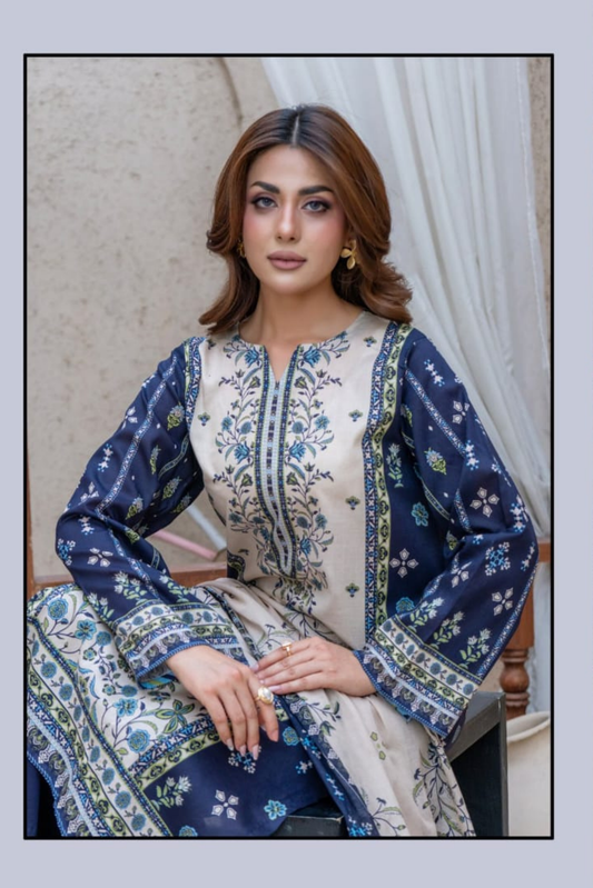 3 Pieces - Marooj Gold Unstitched Blue Print Lawn Suit