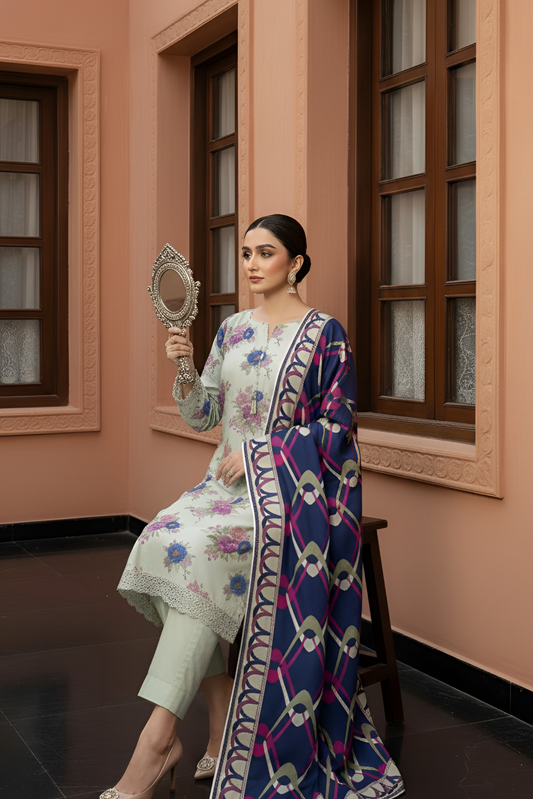 3 Pieces - Marooj Unstitched Pista Printed Khaddar Suit