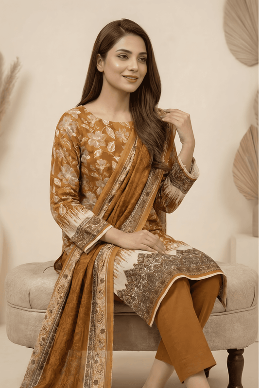 3 Pieces - Marooj Unstitched Mustard Transliminor Magic Print Lawn Suit