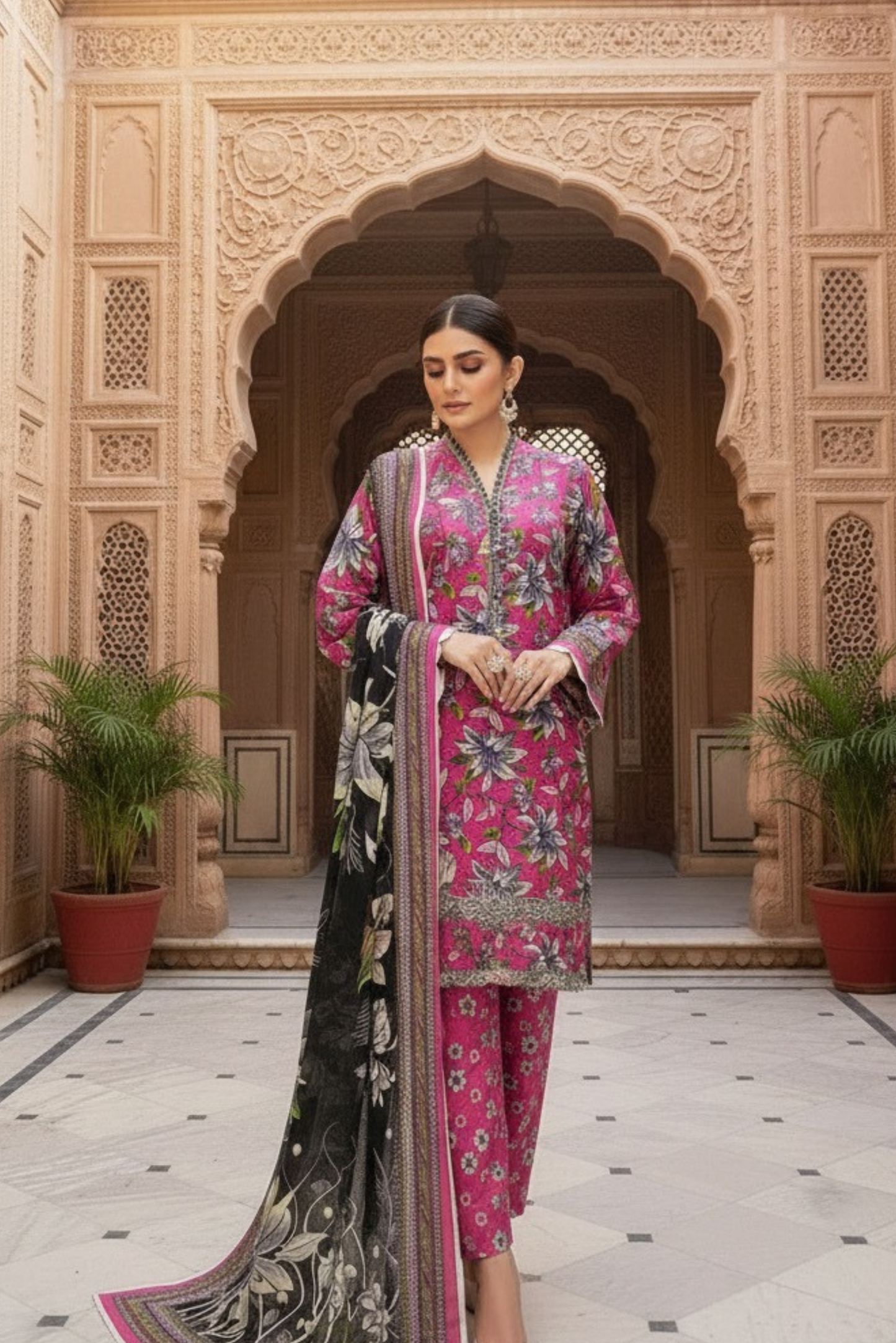 3 Pieces - Marooj Unstitched Pink BanaDora Linen Suit