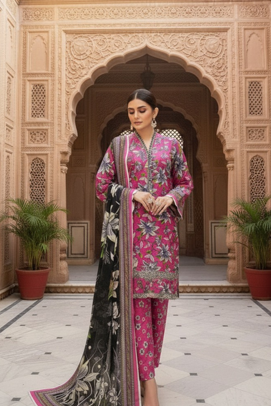 3 Pieces - Marooj Unstitched Pink BanaDora Linen Suit