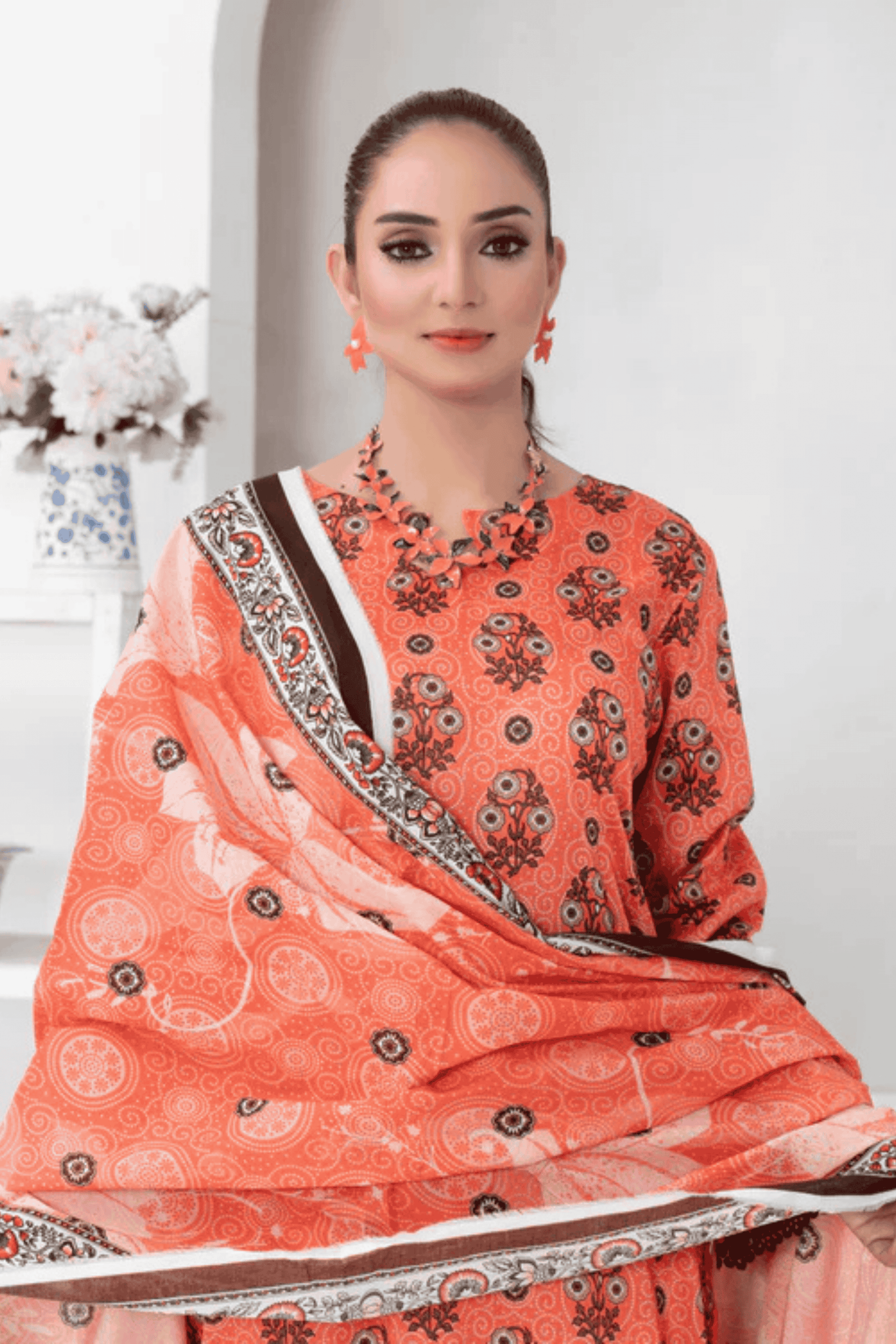 3 Piece - Mahi Unstitched Orange Ladies Print Lawn Suit