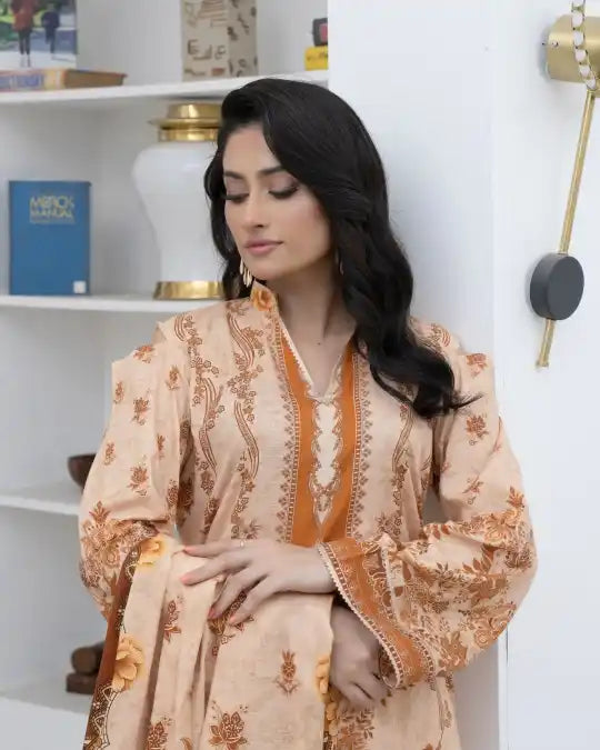 3 Piece - Marooj Unstitched Skin BanaDora Linen Suit