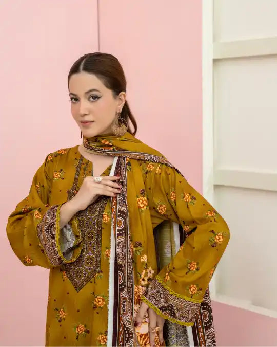 3 Pieces - Marooj Unstitched Mustard BanaDora Linen Suit