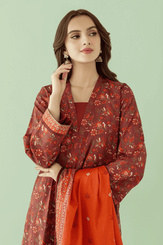 3 Pieces - Orient Unstitched Dark Red Printed Lawn Suit