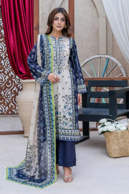 3 Pieces - Marooj Gold Unstitched Blue Print Lawn Suit