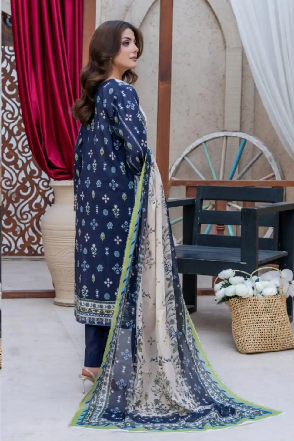 3 Pieces - Marooj Gold Unstitched Blue Print Lawn Suit