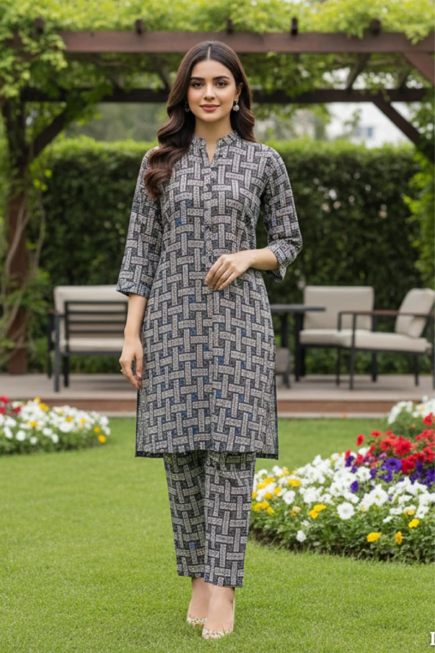 2 Piece: Regalia Unstitched Printed Black Ladies Linen Suit