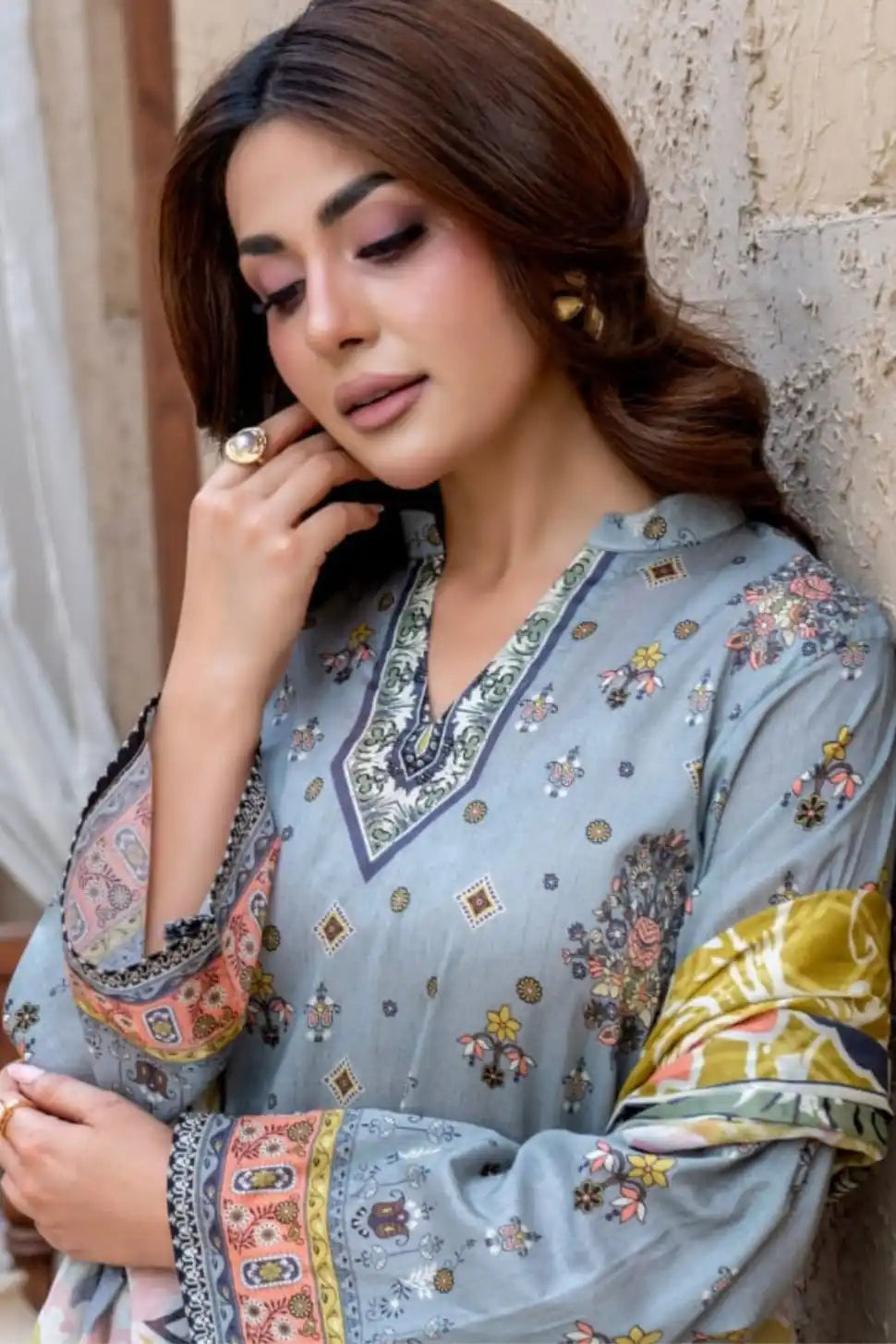 3 Pieces - Marooj Gold Unstitched Grey Print Lawn Suit