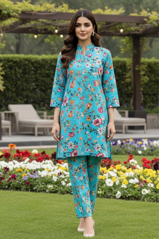 2 Piece: Regalia Unstitched Printed Ferozi Ladies Linen Suit
