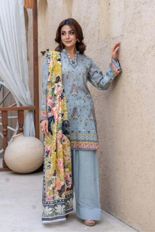 3 Pieces - Marooj Gold Unstitched Grey Print Lawn Suit