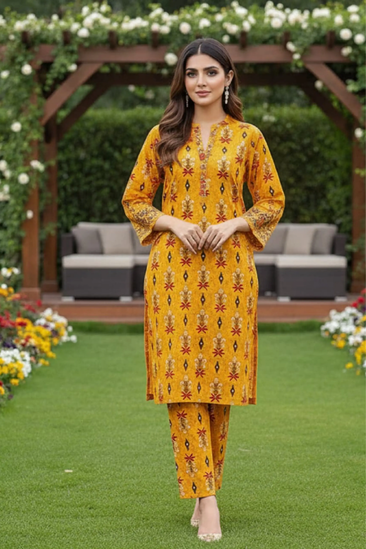 2 Piece: Regalia Unstitched Printed Yellow Ladies Linen Suit