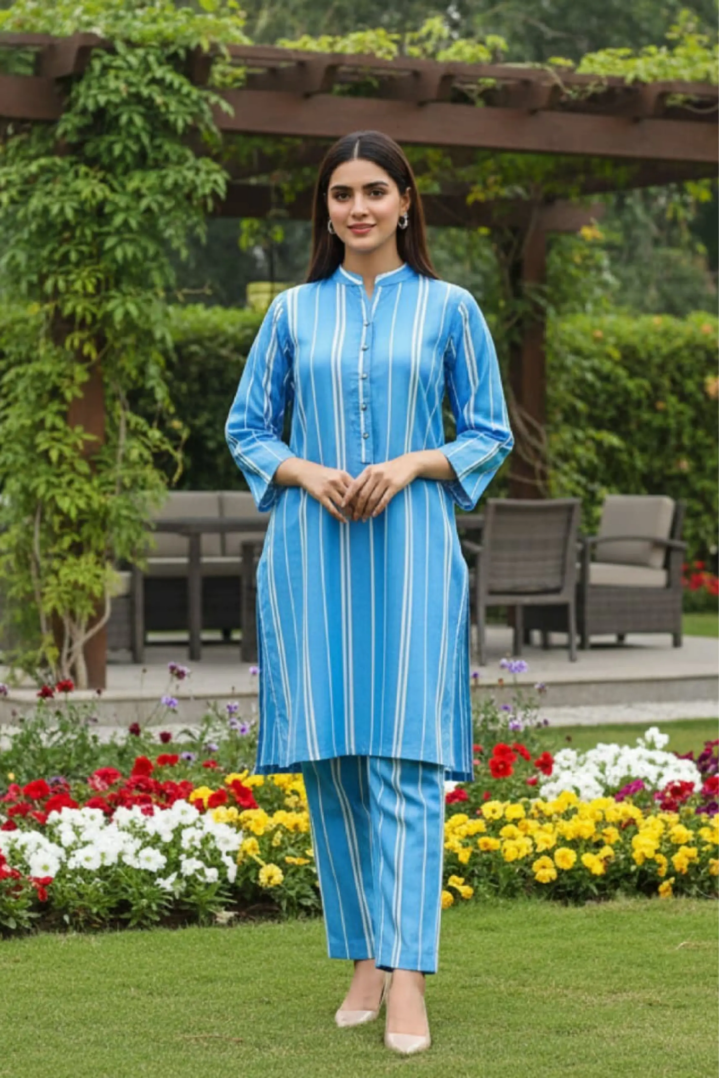 2 Piece: Regalia Unstitched Printed Sky Blue Ladies Linen Suit