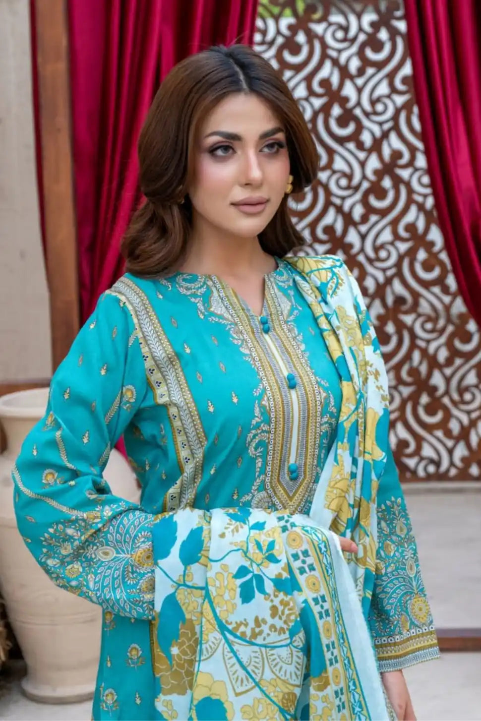 3 Pieces - Marooj Gold Unstitched Ferozi Print Lawn Suit