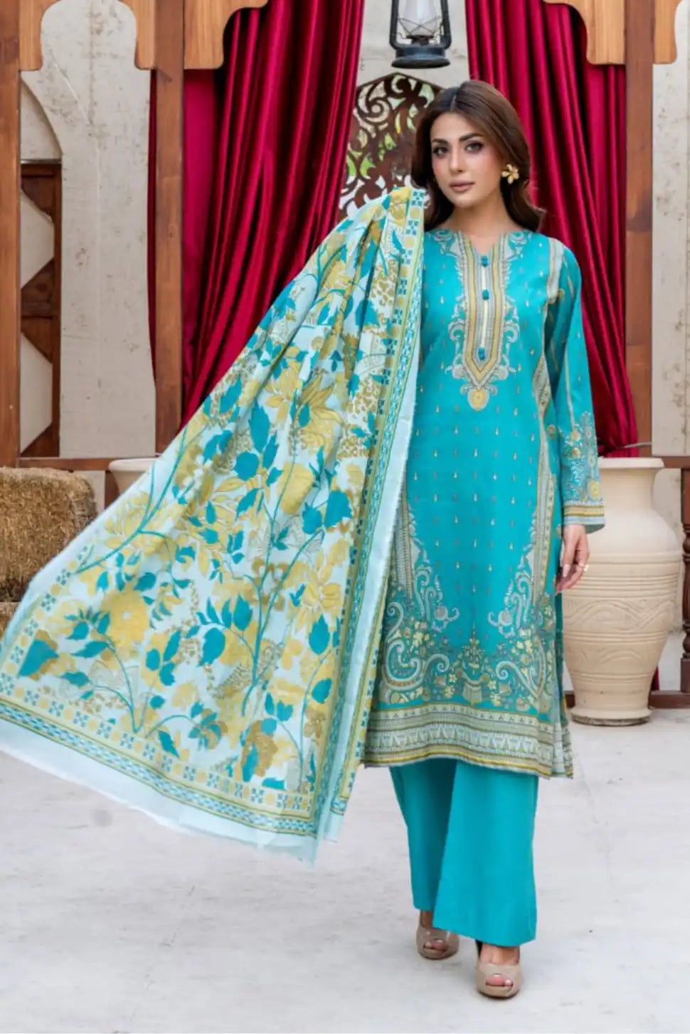 3 Pieces - Marooj Gold Unstitched Ferozi Print Lawn Suit
