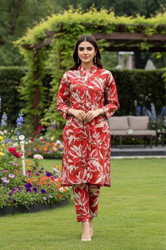 2 Piece: Regalia Unstitched Printed Red Ladies Linen Suit