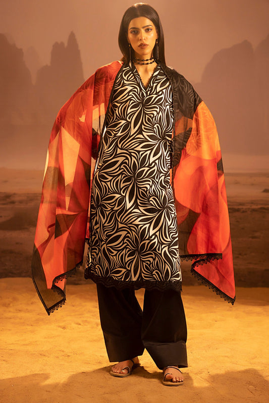 3 Pieces - Regalia Unstitched Black & White Mid Summer Cotton Suit
