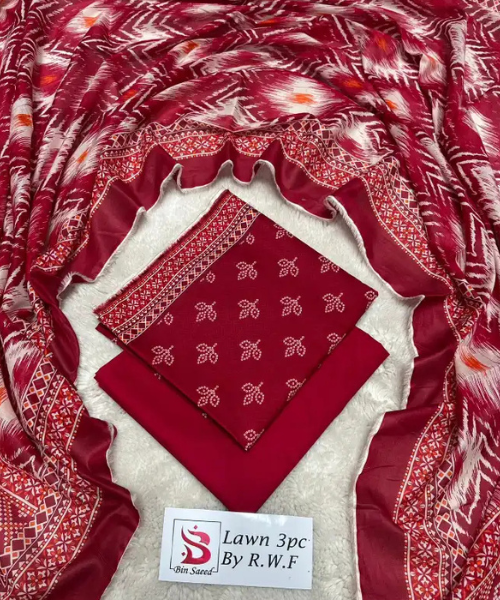 3 Pieces - Bin Saeed Unstitched Red Ladies Lawn Suit