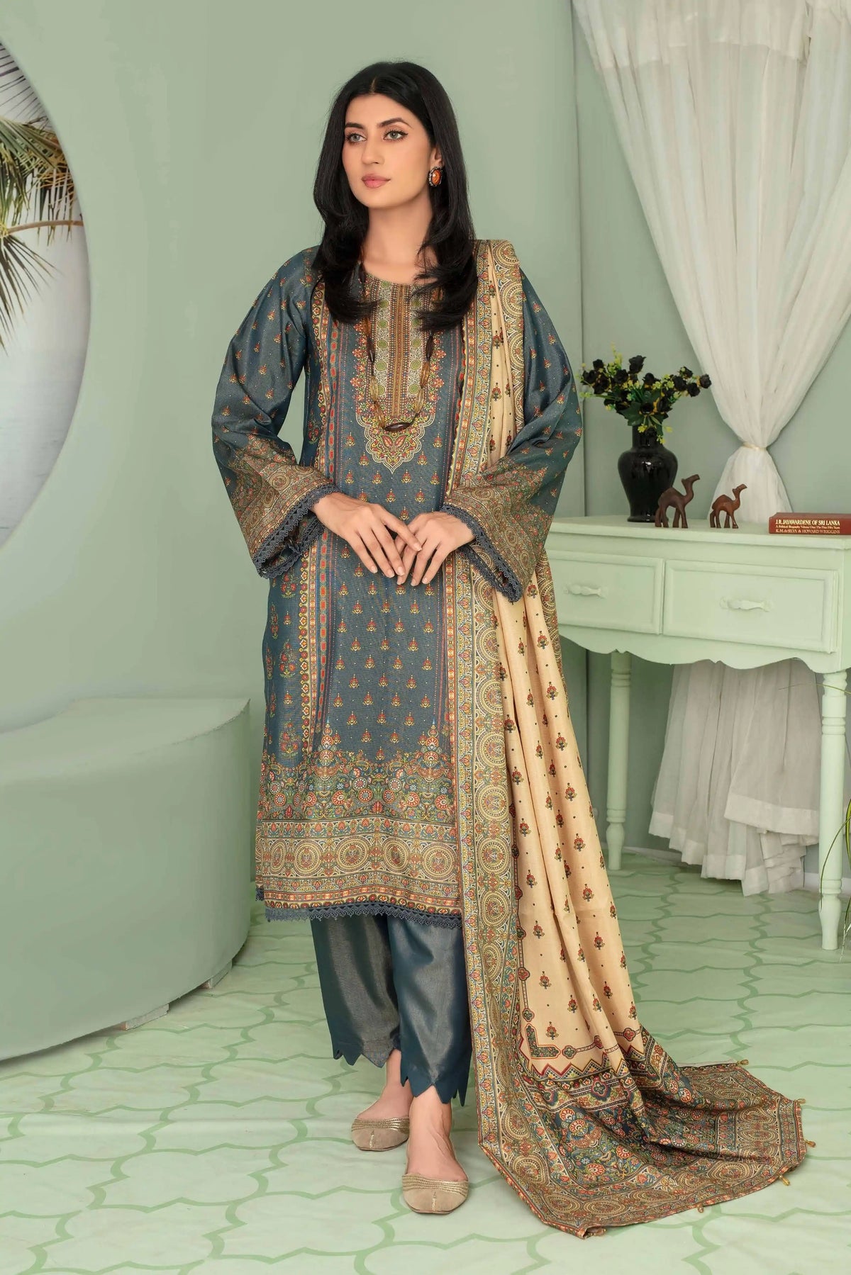 3 Pieces - Aizal Unstitched Gray Printed Shamray Linen Suit