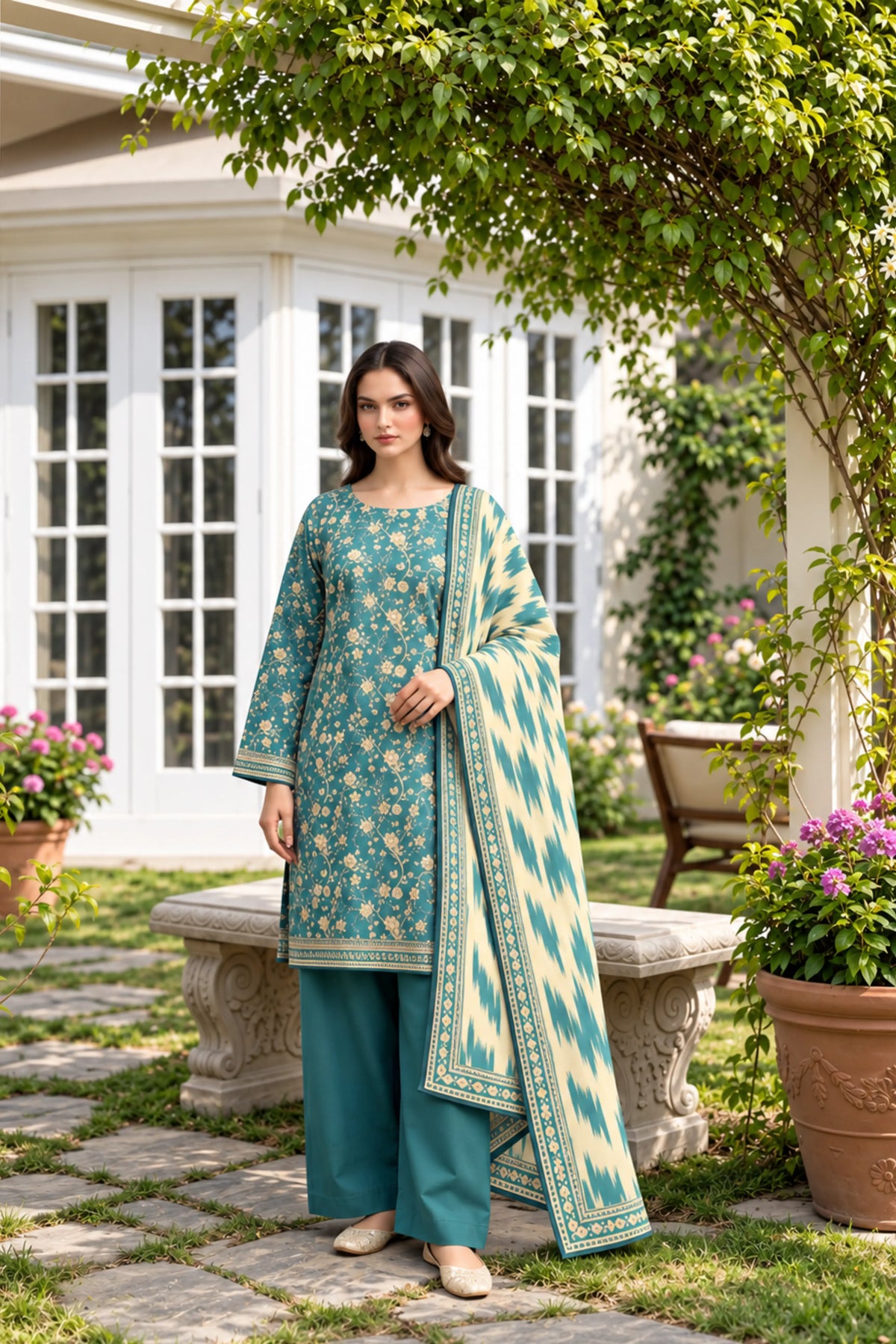 3 Piece - Marooj Ethnic Premium Printed  Unstitched Ferozi khaddar Suit