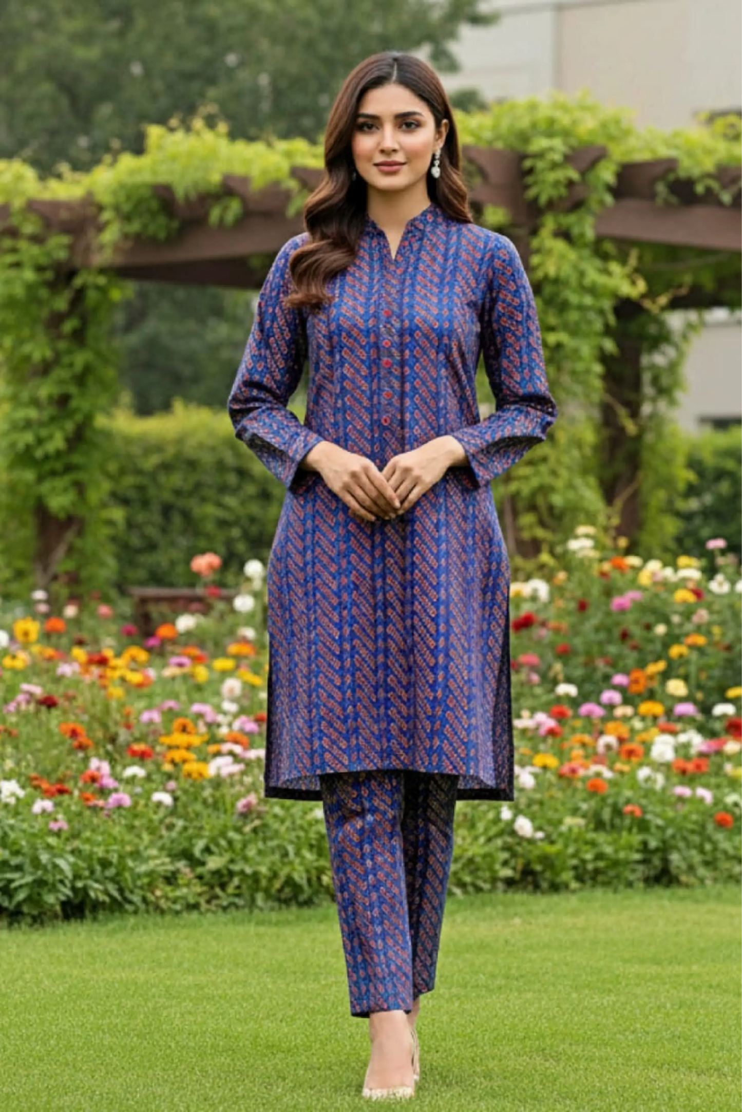2 Piece: Regalia Unstitched Printed Royal Blue Ladies Linen Suit