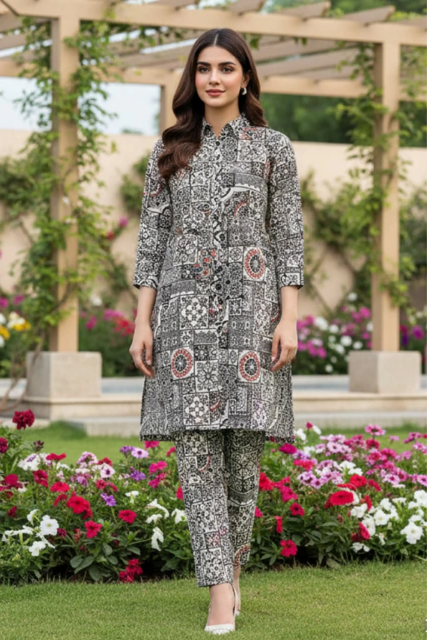 2 Piece: Regalia Unstitched Printed Black And White  Ladies Linen Suit