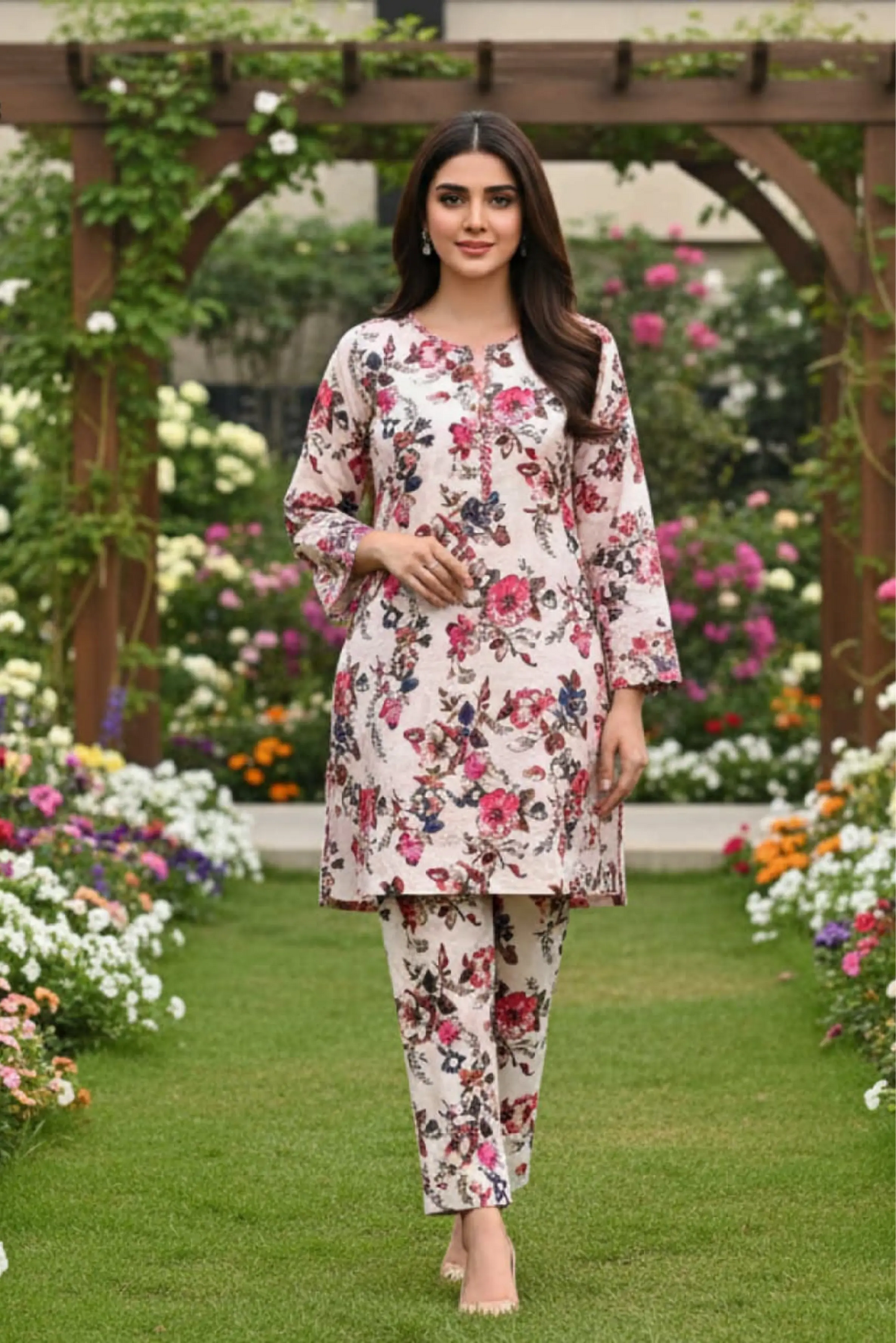 2 Piece: Regalia Unstitched Printed Light Pink  Ladies Linen Suit