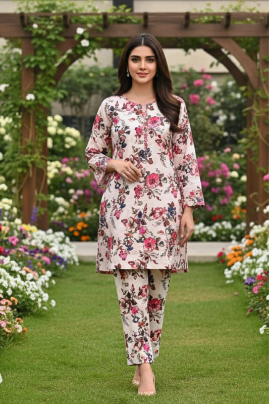 2 Piece: Regalia Unstitched Printed Light Pink  Ladies Linen Suit