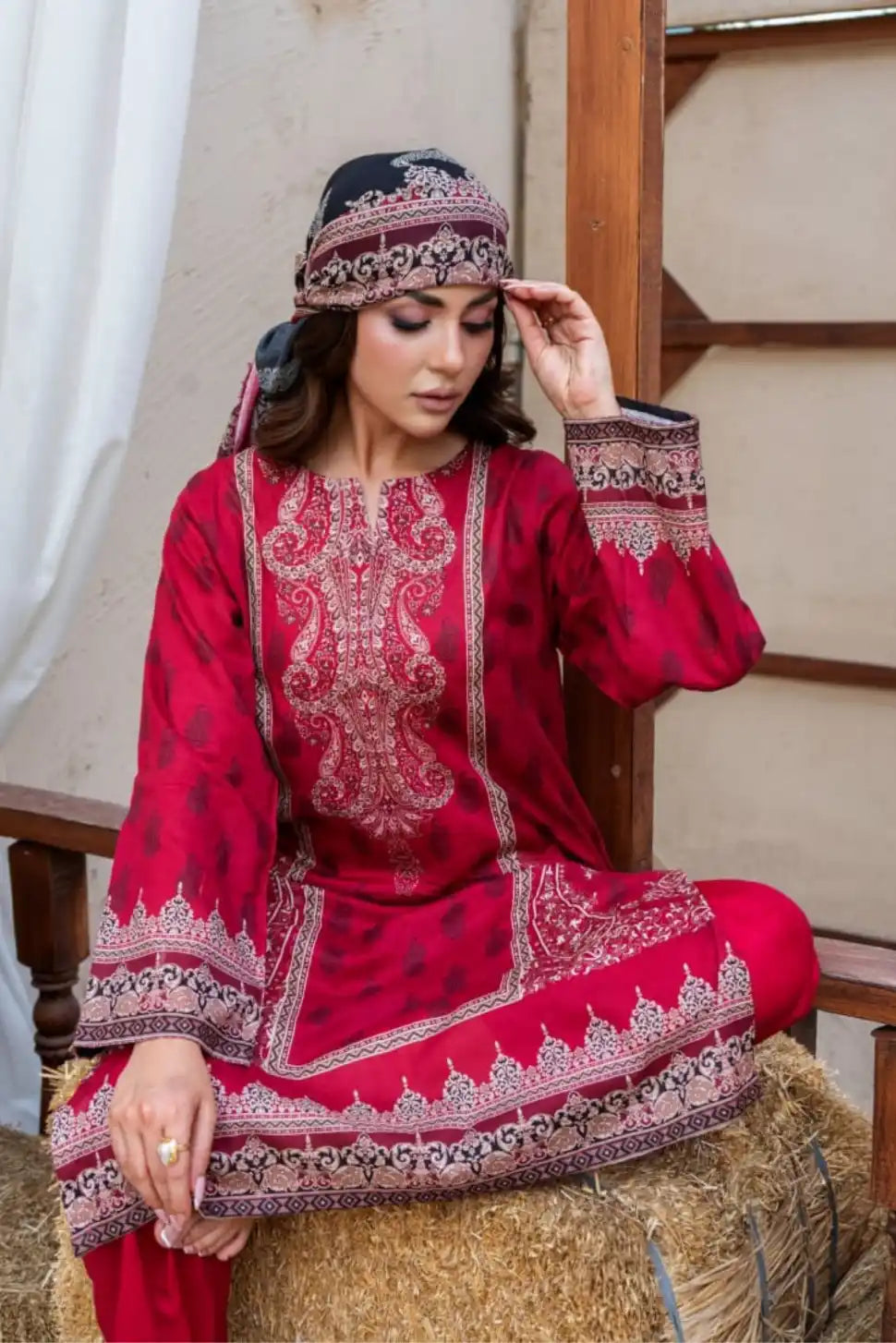 3 Pieces - Marooj Gold Unstitched Maroon Print Lawn Suit