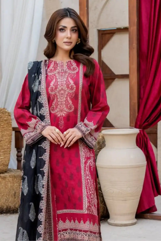 3 Pieces - Marooj Gold Unstitched Maroon Print Lawn Suit