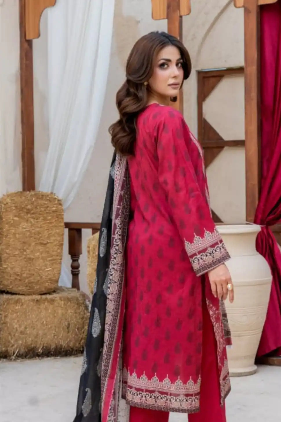 3 Pieces - Marooj Gold Unstitched Maroon Print Lawn Suit