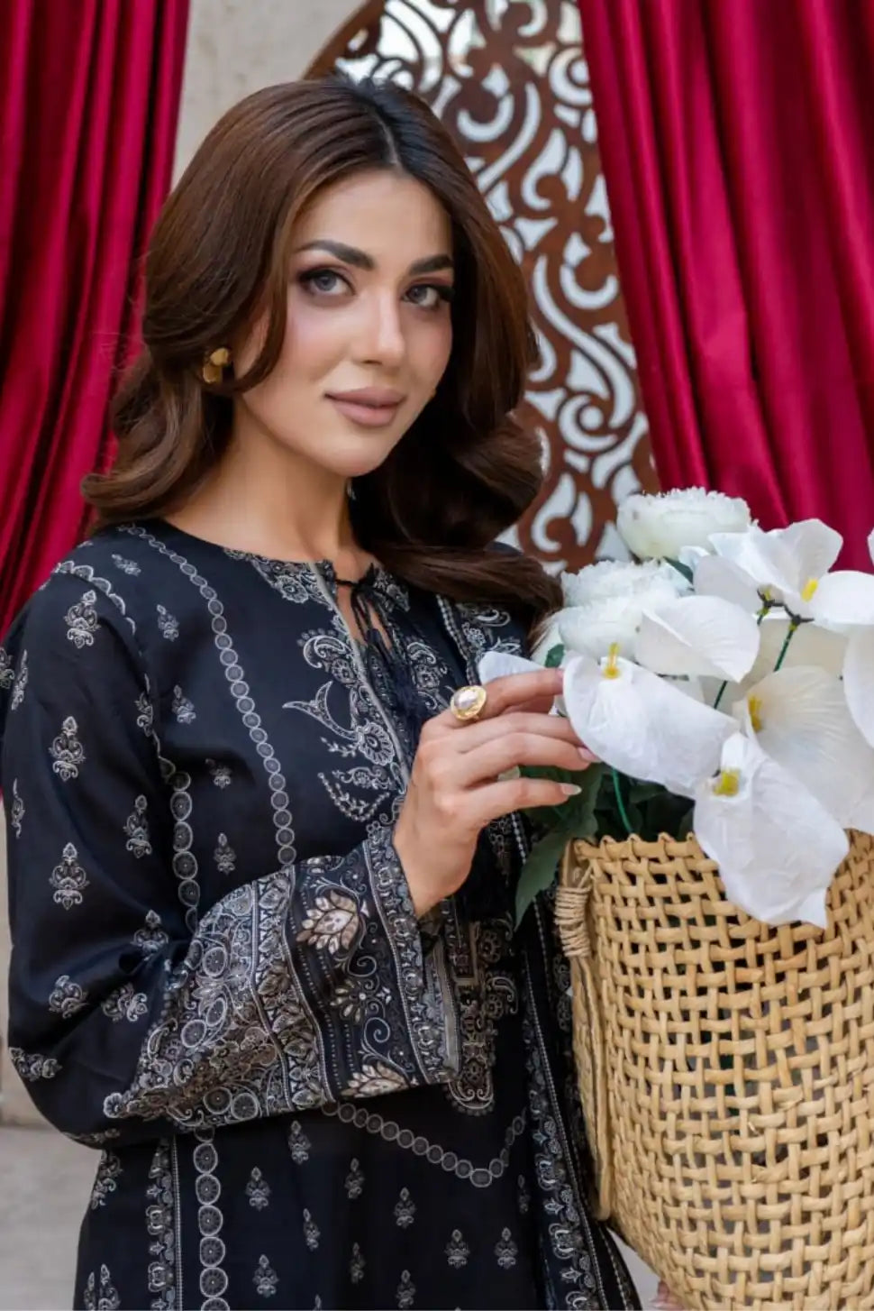 3 Pieces - Marooj Gold Unstitched Black Print Lawn Suit