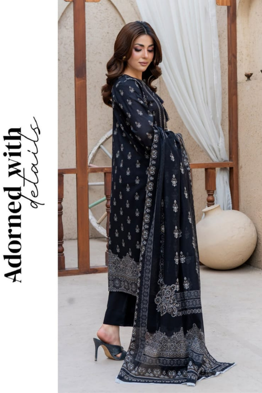 3 Pieces - Marooj Gold Unstitched Black Print Lawn Suit