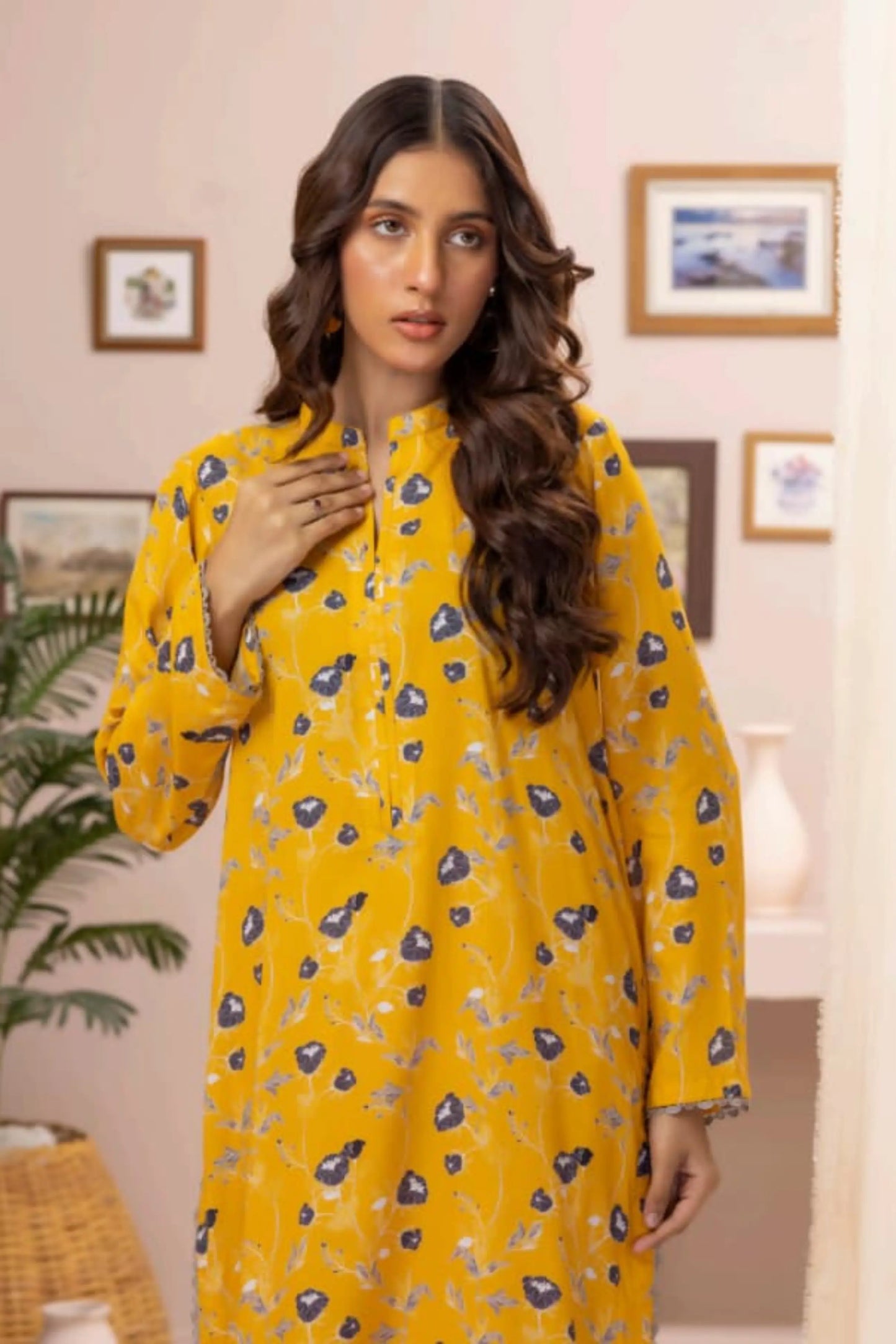 2 Piece: Regalia Unstitched Printed Yellow Ladies Linen Suit