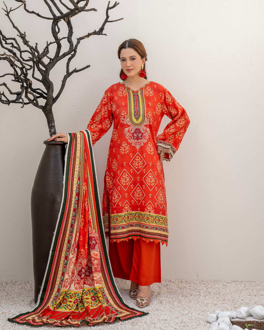 3 Pieces - Marooj Unstitched Graish Red BanaDora Linen Suit