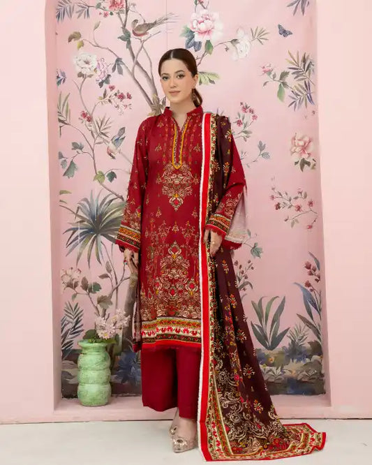 3 Pieces - Marooj Unstitched Maroon BanaDora Linen Suit