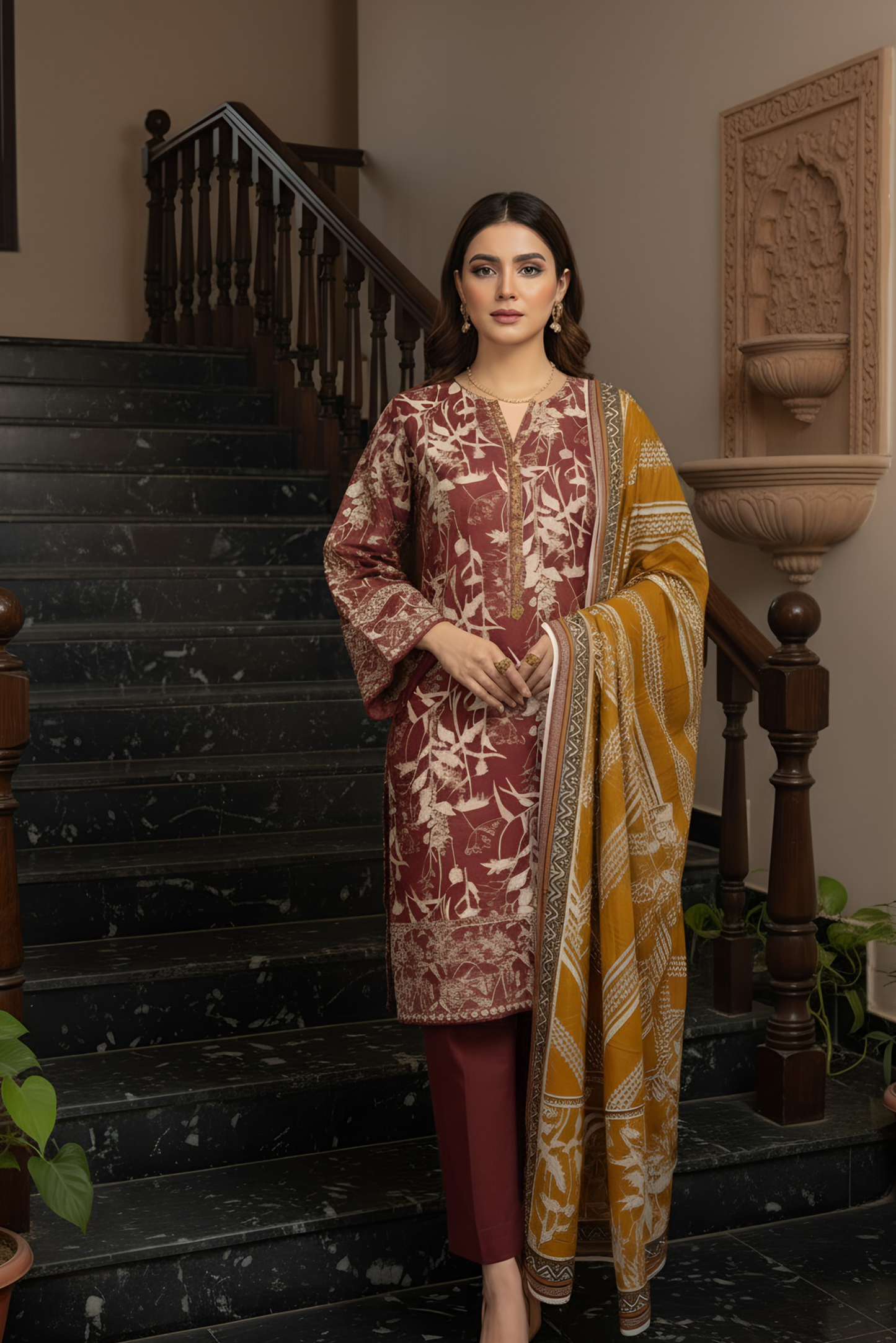 3 Pieces - Marooj Unstitched Maroon Printed Khaddar Suit