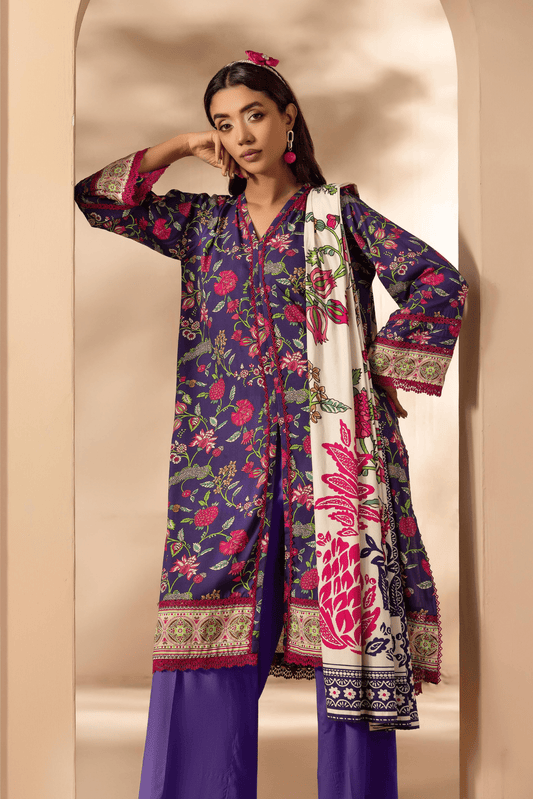 3 Pieces - Rangreza Unstitched Purple Printed Linen Suit
